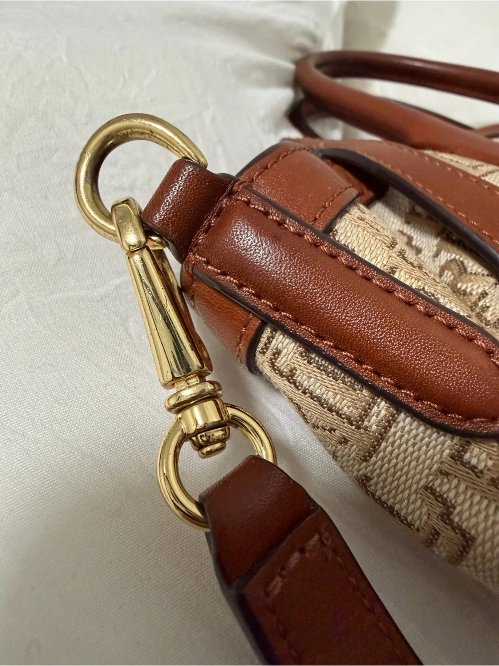 Lauren Ralph Lauren Cream Jacquard Satchel with Brown Leather Trim